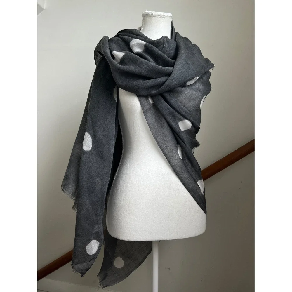 Galeries Lafayette Scarf Gray White Polka Dot Wool Frayed Fringe Wrap Shawl